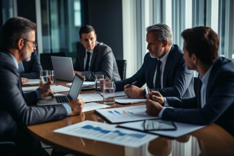 Diretores e administradores reunidos em uma sala de reunião